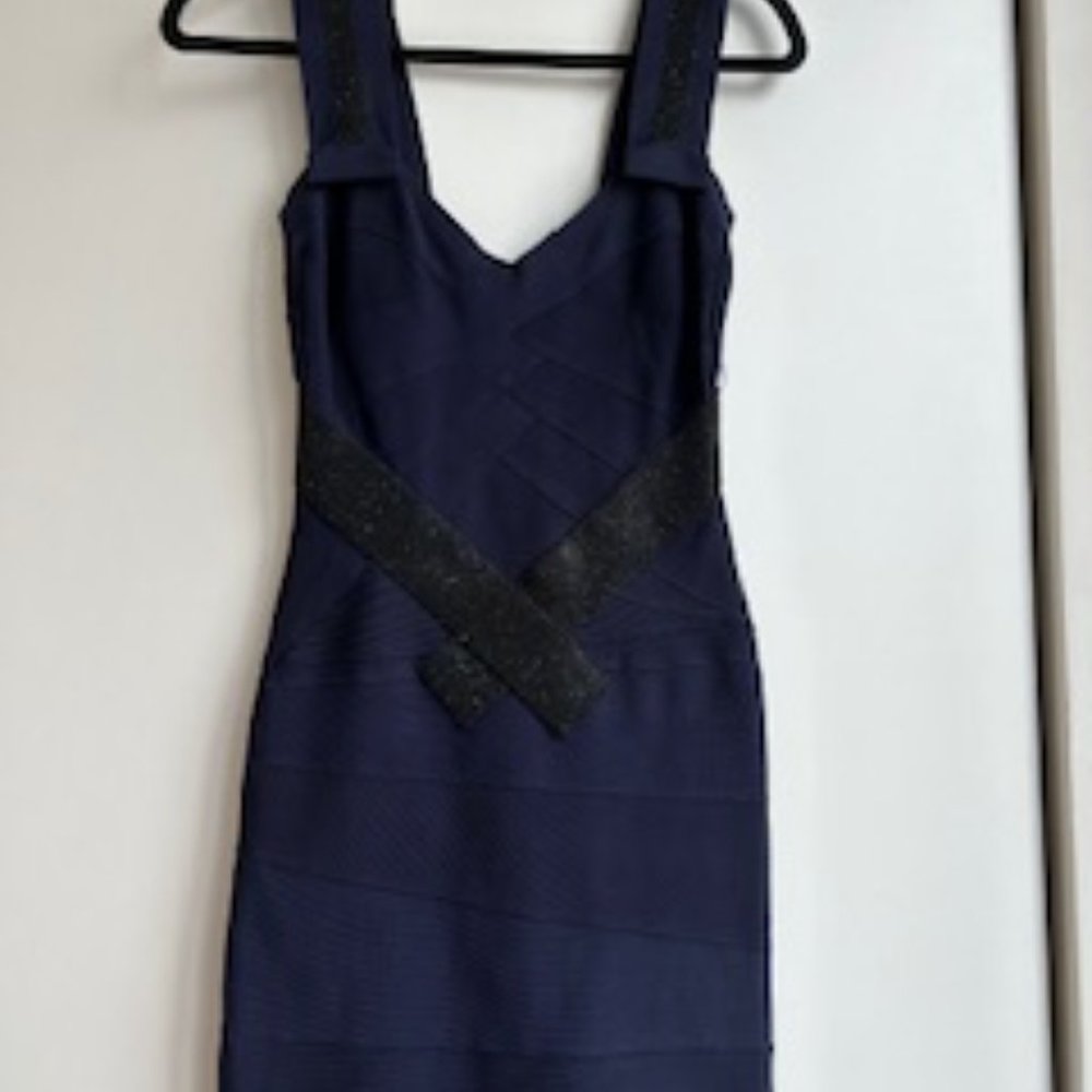 Herve Leger Navy Sleveless Bodycon Dress with Black Metallic Stripe Size XS